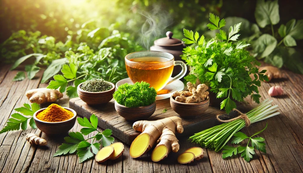 A beautifully arranged selection of detox herbs such as ginger, turmeric, parsley, and lemon balm, set on a rustic table alongside a steaming cup of herbal tea, surrounded by soft green foliage, evoking natural body purification
