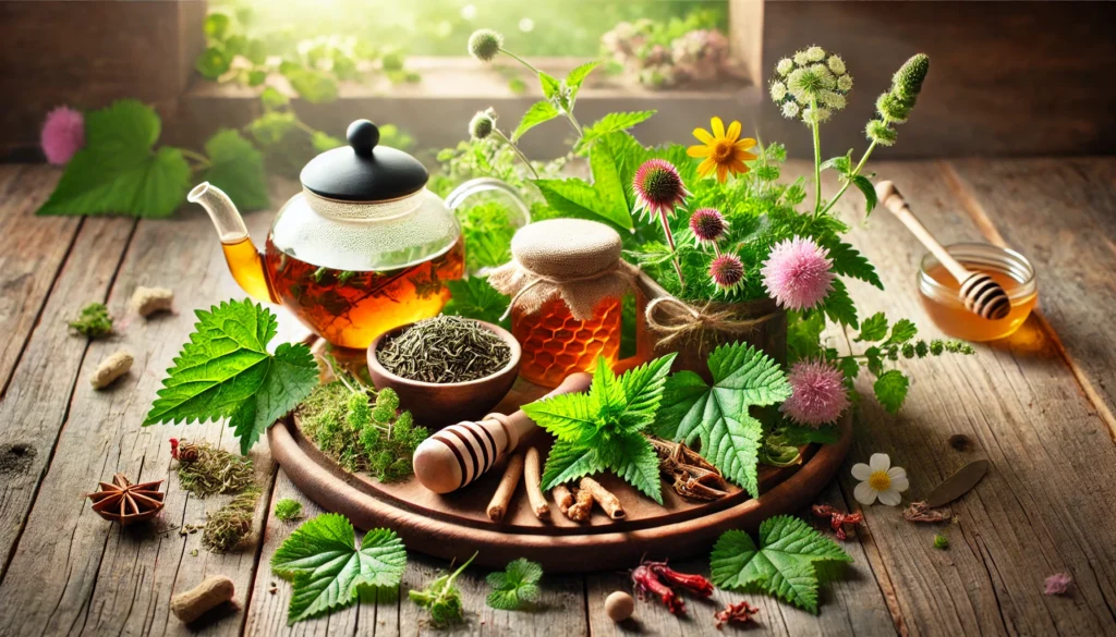 A natural detox scene featuring fresh and dried herbs like nettle, red clover, and licorice root, artfully displayed with a teapot, herbal infusion, and a honey jar, bathed in warm sunlight to emphasize holistic wellness