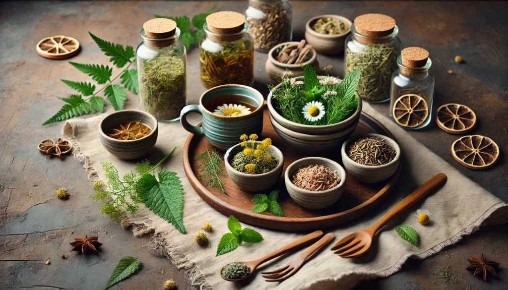 A serene, earthy composition of detoxifying herbs including fennel, chamomile, and peppermint, set in small ceramic bowls alongside glass jars of dried herbs and a herbal infusion tea cup, evoking a sense of natural cleansing and balance