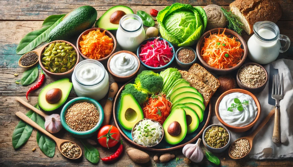 A vibrant gut-friendly meal with fermented foods, leafy greens, and whole grains arranged on a rustic wooden table, emphasizing natural and healthy eating