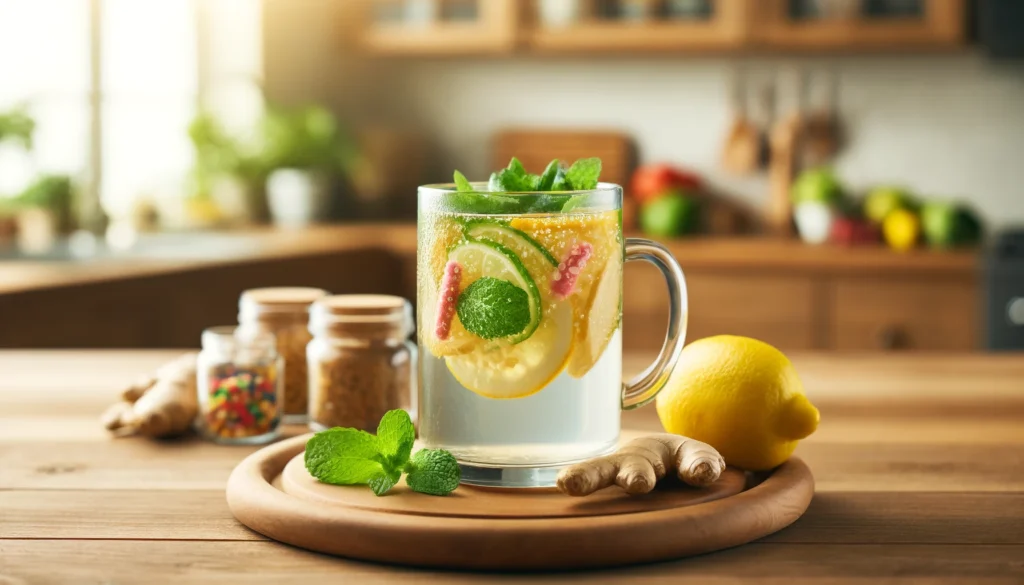 A refreshing detox drink with lemon, ginger, and probiotic-rich ingredients served in a condensation-covered glass on a wooden countertop, symbolizing gut detox and digestion support