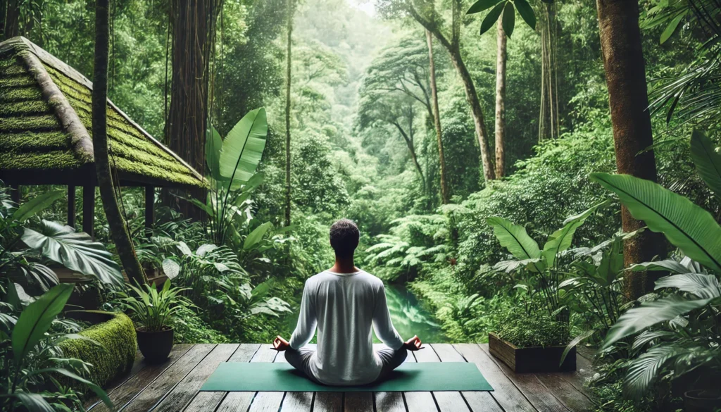 A serene outdoor scene of a person practicing mindful breathing and yoga on a wooden deck, surrounded by lush greenery, representing stress reduction and gut health connection