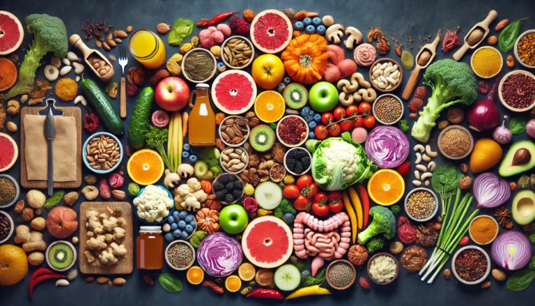 A visually striking circular arrangement of colorful gut-friendly foods, including fruits, vegetables, nuts, seeds, and fermented items, emphasizing balance, diversity, and holistic gut health
