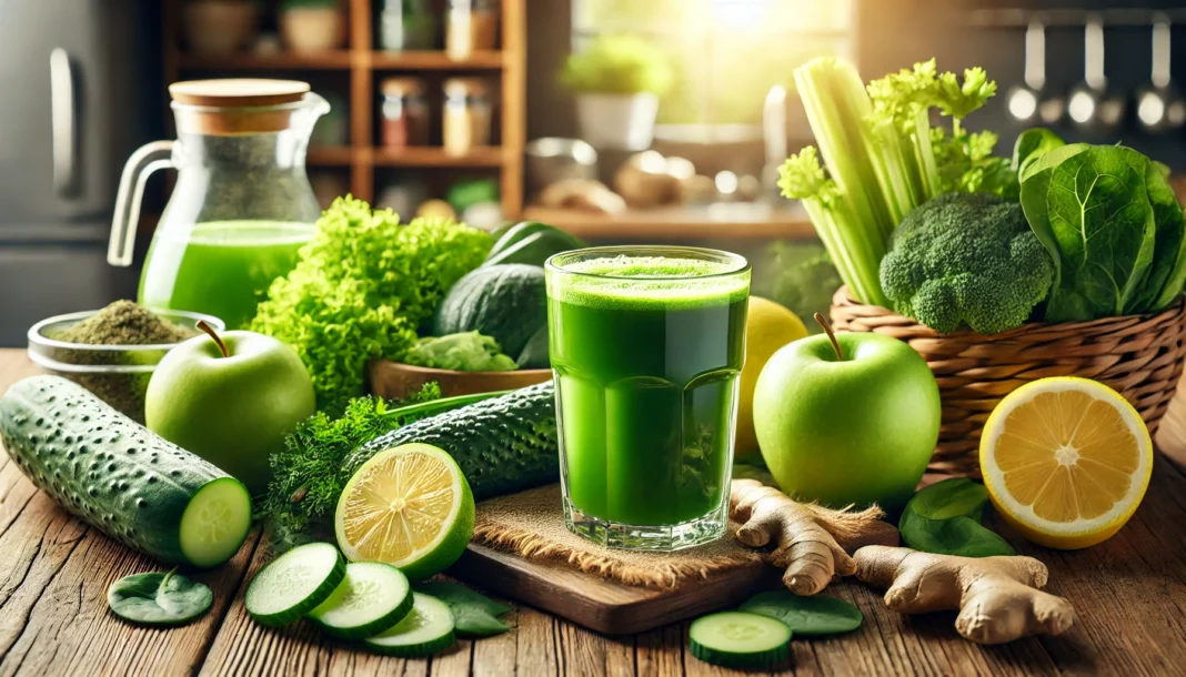 Fresh green juice detox cleanse setup with kale, spinach, celery, cucumber, lemon, ginger, and green apples on a wooden table, illuminated by natural sunlight in a kitchen setting