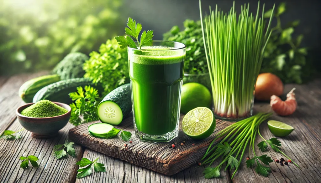 A detox green juice in a tall glass surrounded by wheatgrass, parsley, lime, and cucumber on a rustic wooden surface, with a blurred green foliage background