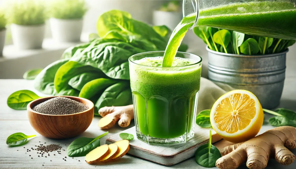 Refreshing green cleanse juice in a glass with condensation, accompanied by fresh leafy greens, ginger, lemon slices, and chia seeds, with a bright and airy kitchen backdrop