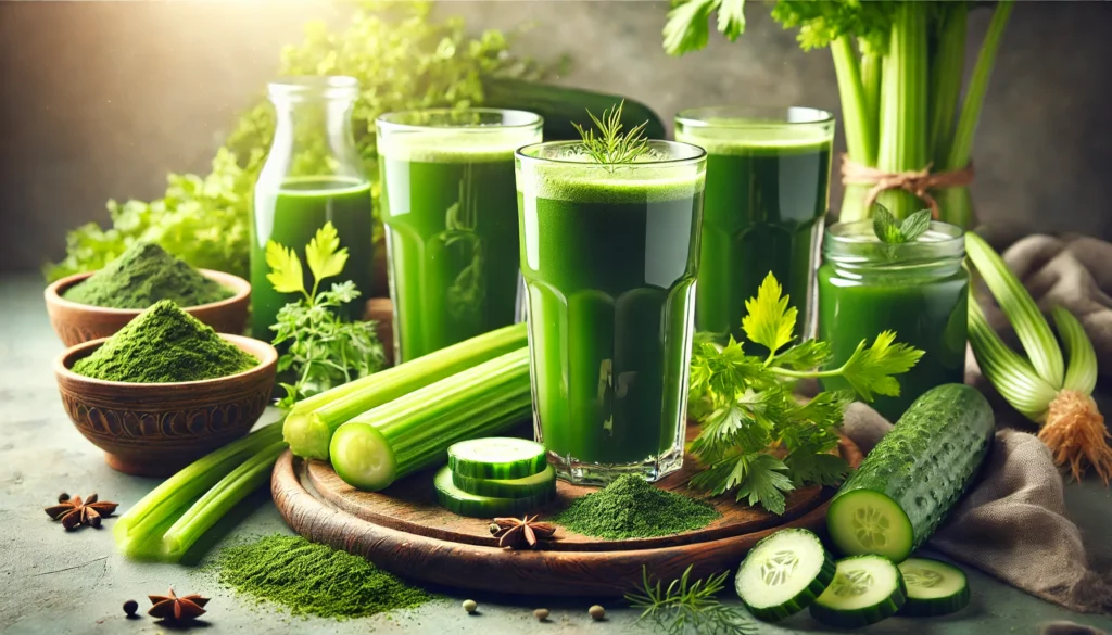 A beautifully arranged green juice detox cleanse setup with multiple glasses of green juice, spirulina powder, celery stalks, cucumbers, and mint, bathed in warm natural lighting