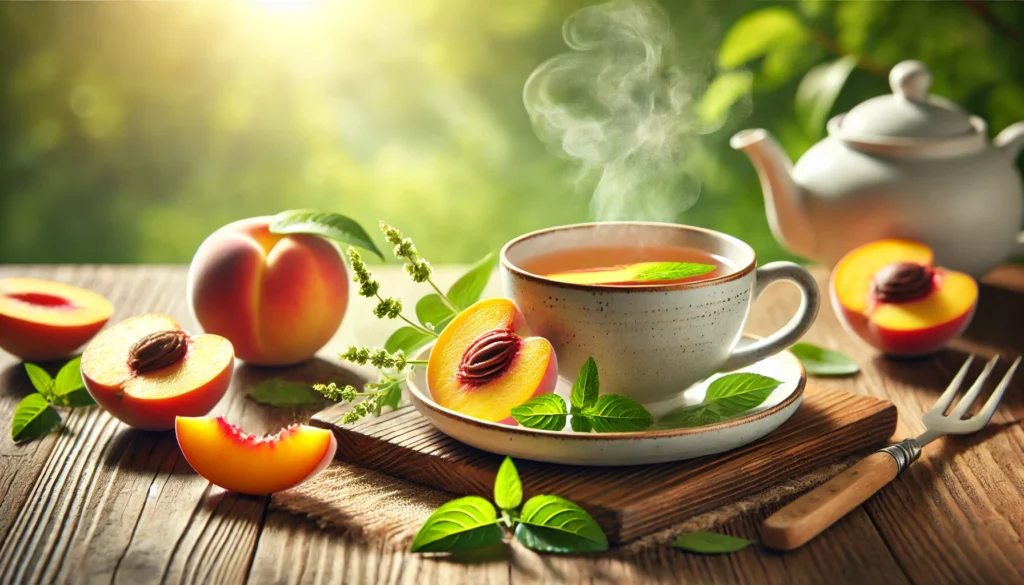 A glass teapot pouring golden peach detox tea into a cup, surrounded by ripe peaches, mint leaves, and ginger, set against a rustic wooden background, evoking warmth and digestive health benefits.
