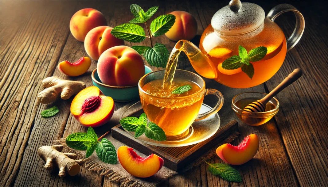 A steaming cup of peach detox tea with fresh peach slices and herbal leaves on a wooden table, bathed in warm sunlight with a lush green background, symbolizing relaxation and natural wellness.
