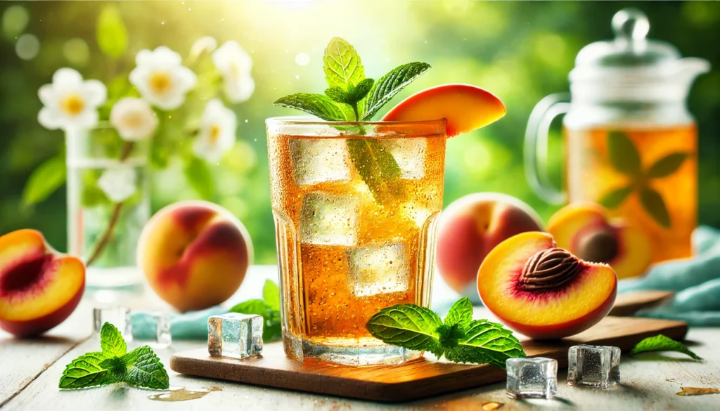 A refreshing glass of iced peach detox tea with condensation on the surface, garnished with peach slices and mint leaves, against a bright summery background, emphasizing hydration and refreshment