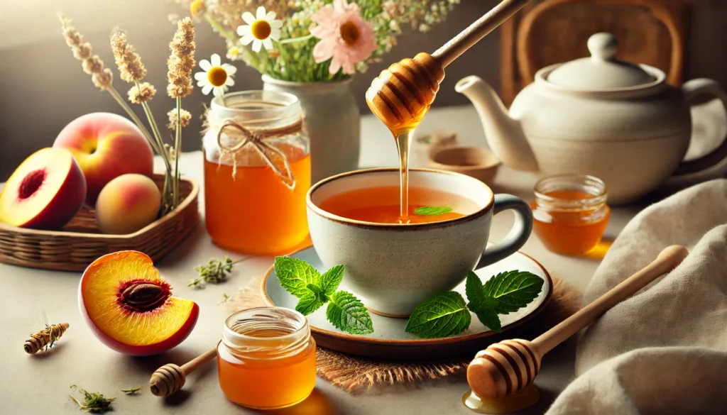 A cozy wellness setting featuring a cup of warm peach detox tea, a honey dipper drizzling golden honey, and aromatic herbs like chamomile and mint, creating a calming ambiance that supports digestion and overall well-being.