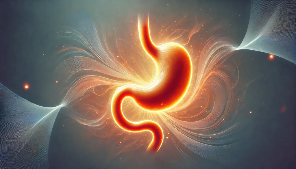 A glowing stomach illustration with smooth energy flow, symbolizing a balanced and healthy digestive system. The image conveys comfort and gut wellness.