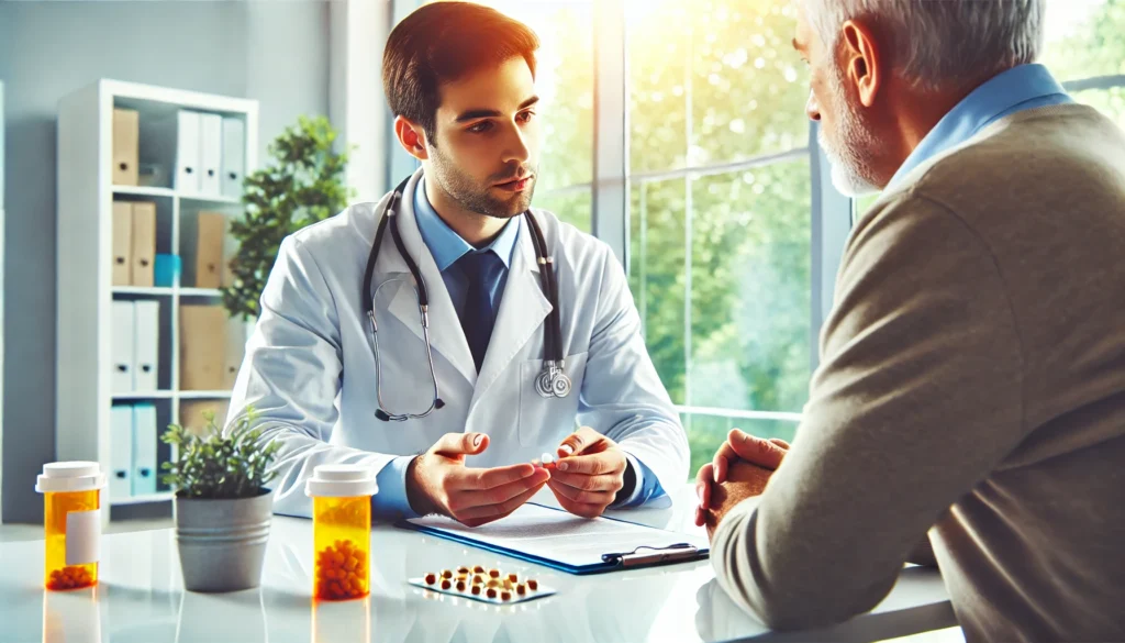 A doctor in a modern medical office discussing medication options with a patient. The scene highlights professional medical guidance and safe stool softener use.