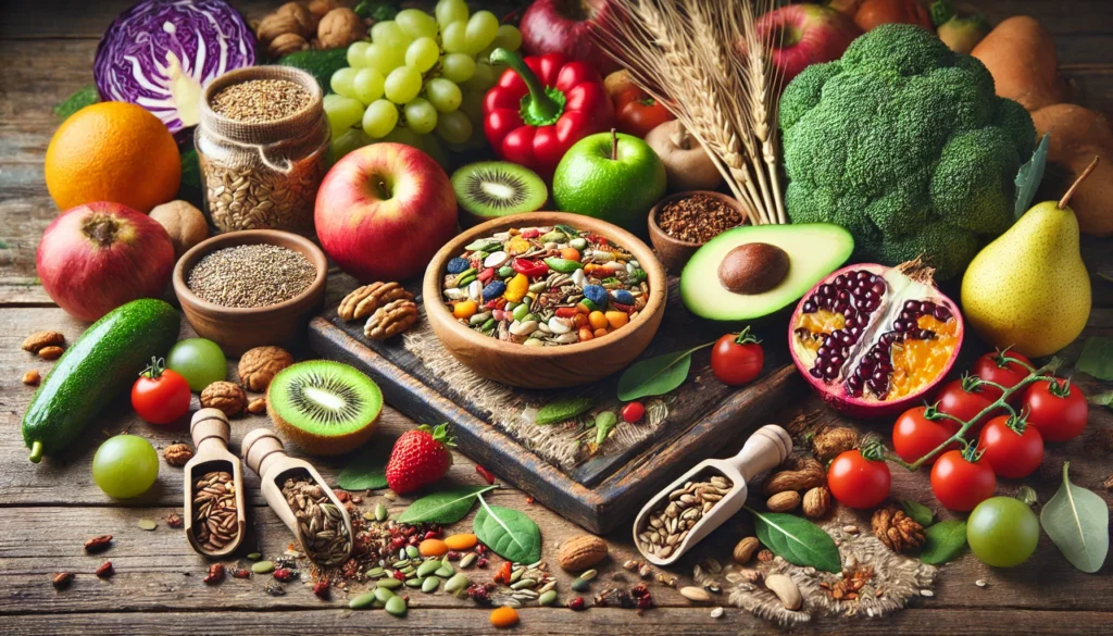 A vibrant arrangement of fiber-rich foods, including fresh fruits, vegetables, and whole grains, displayed on a rustic wooden table. The image promotes natural digestive health alternatives.