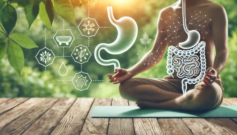 A person meditating in a peaceful outdoor setting, surrounded by lush greenery and soft sunlight. The image symbolizes a holistic approach to digestive health, emphasizing relaxation and well-being.