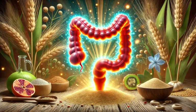 A vibrant and artistic representation of a healthy human colon, glowing with vitality, surrounded by natural psyllium husk fiber. The clean and smooth intestines symbolize optimal digestive health, with a golden glow and natural elements enhancing the detoxification theme.