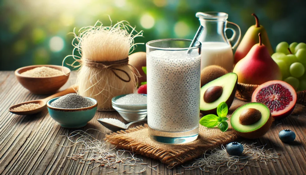 The Ultimate Guide to Psyllium Husk Colon Cleanse: Benefits, Safety, and Best Practices 1 A visually rich depiction of a psyllium husk drink in a glass, showcasing its gel-like texture. The setting includes rustic wooden elements, raw psyllium husk fibers, and fresh fruits, symbolizing gut health and natural detoxification