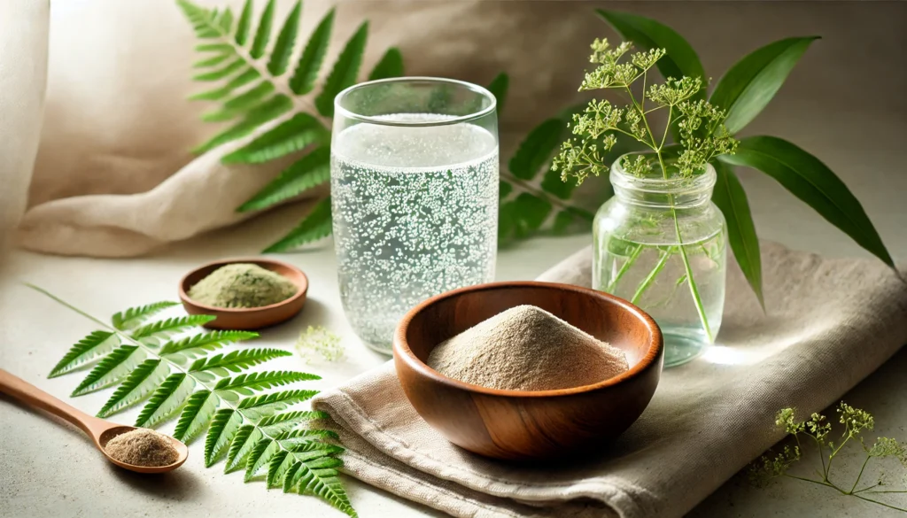 The Ultimate Guide to Psyllium Husk Colon Cleanse: Benefits, Safety, and Best Practices 2 A tranquil, spa-like scene featuring a wooden bowl filled with psyllium husk powder and a glass of detoxifying psyllium husk drink. The presence of fresh green leaves and soft natural lighting evokes purity, wellness, and digestive balance.