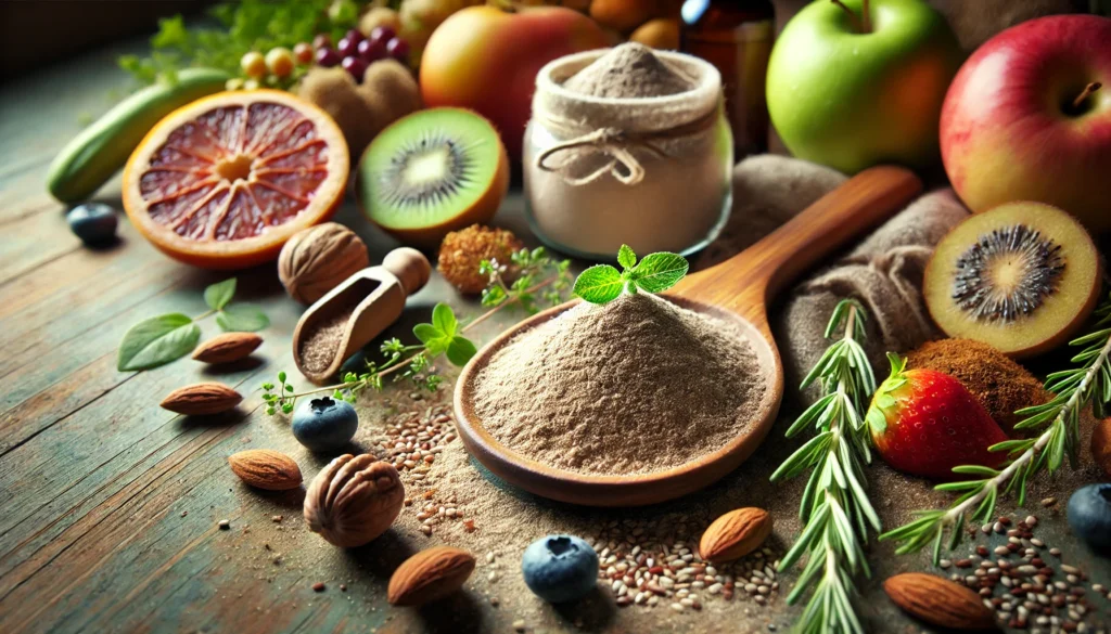 The Ultimate Guide to Psyllium Husk Colon Cleanse: Benefits, Safety, and Best Practices 3 A natural and holistic representation of gut health featuring a wooden spoon filled with psyllium husk powder, surrounded by fresh fruits, nuts, and herbal elements. The softly lit background with green and earthy tones evokes a sense of balance, digestion support, and well-being.