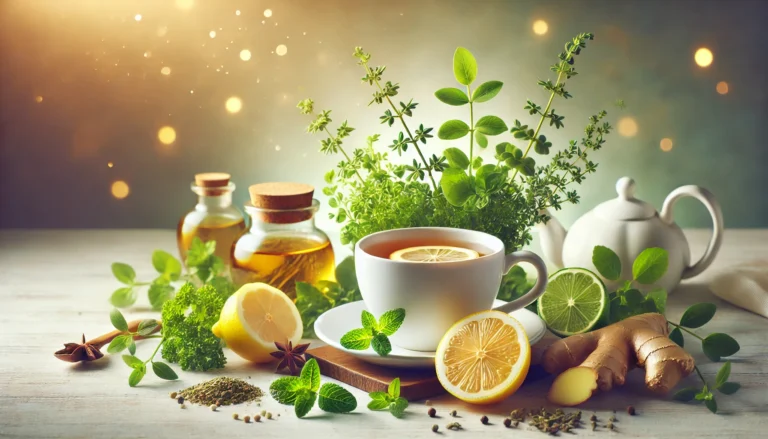 A beautifully arranged scene featuring a steaming cup of herbal detox tea surrounded by fresh herbs, lemon slices, and ginger, evoking a sense of purity and wellness.