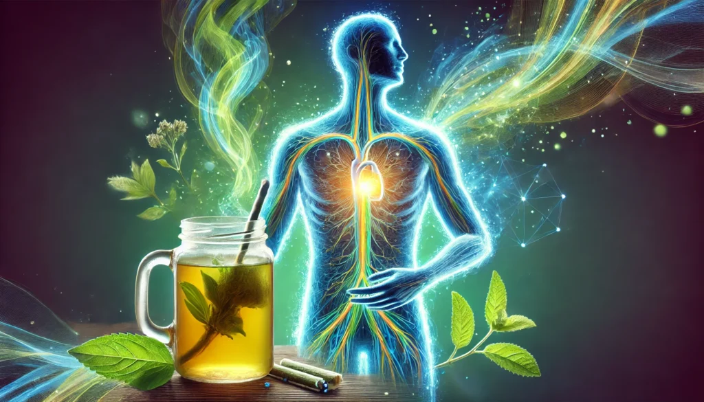 An abstract visualization of a human silhouette with glowing energy lines, symbolizing the body's detoxification process with herbal tea infusion.