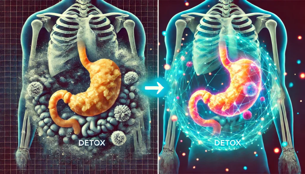 A striking comparison showing a bloated, unhealthy stomach before detox and a slimmer, healthier body afterward, emphasizing the perceived transformation.