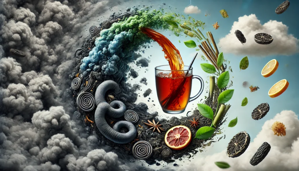 A conceptual representation of detox tea cleansing the body, with swirling tea leaves dissolving dark, murky substances, symbolizing the detoxifying effect.