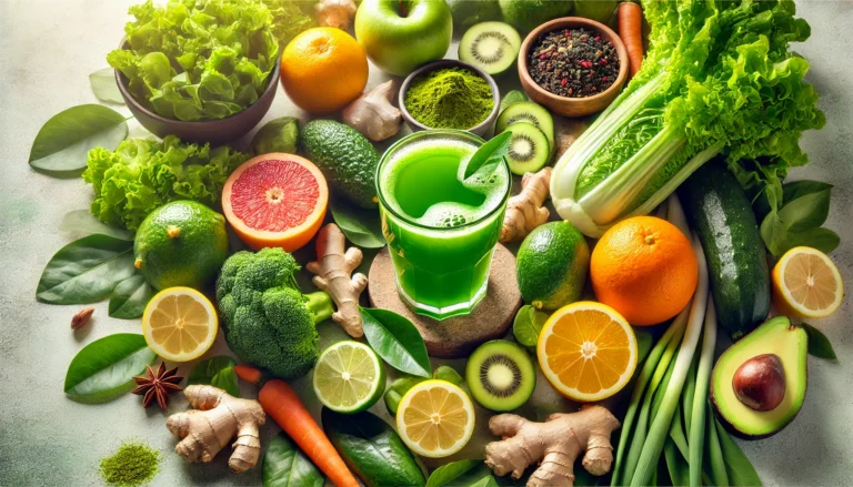 A vibrant composition of detoxifying ingredients, including fresh leafy greens, citrus fruits, turmeric, ginger, and herbal teas. A glass of green detox juice sits in the center, surrounded by a natural, refreshing setting.