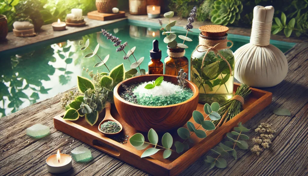 A serene spa-like setup featuring a wooden bowl of herbal bath salts, essential oils, and eucalyptus leaves. A steaming cup of herbal tea sits on a wooden tray beside a calm water reflection, evoking purification and renewal.