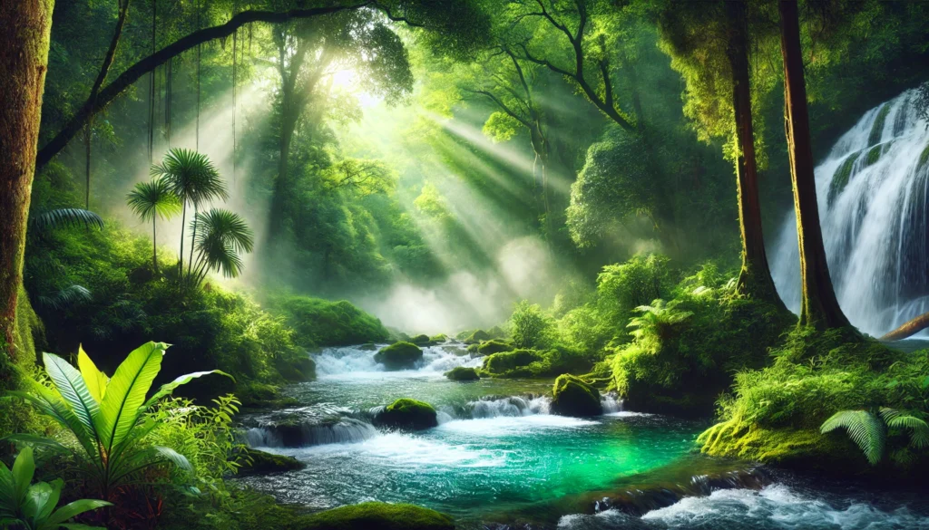 A scenic view of a waterfall flowing into a crystal-clear pool, surrounded by lush green foliage. Sunlight filters through the trees, highlighting the mist rising from the water, symbolizing natural purification and detoxification