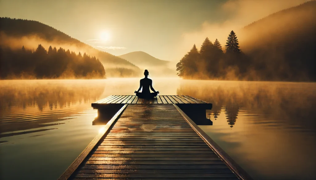 A peaceful sunrise yoga scene with a person meditating on a wooden dock by a tranquil lake. Mist rises from the water, while the soft golden light reflects on the surface, promoting a detoxifying and calming atmosphere.