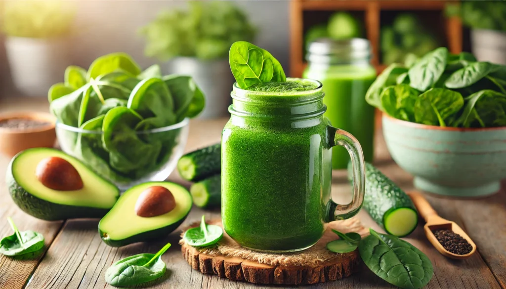 A refreshing green detox smoothie in a glass jar, surrounded by fresh ingredients like spinach, kale, cucumber, and avocado on a wooden countertop, with a softly blurred natural kitchen setting in the background
