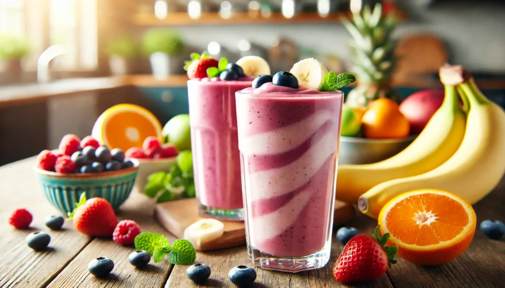A vibrant fruit smoothie made from berries, bananas, and citrus fruits, served in a glass on a wooden table with fresh ingredients scattered around, illuminated by soft natural lighting