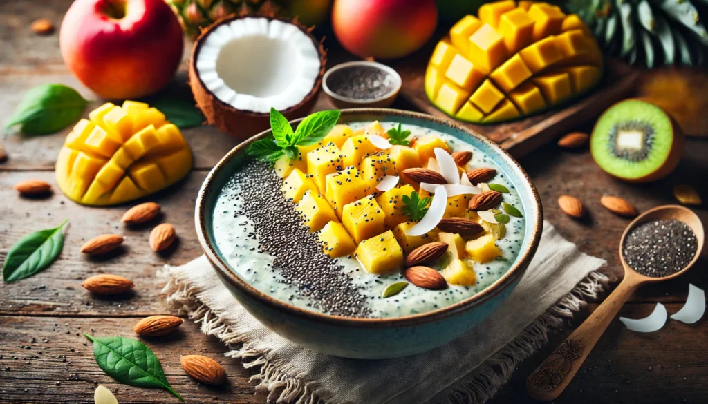 A delicious detox smoothie bowl filled with a blend of mango, pineapple, and coconut, topped with chia seeds and sliced almonds, placed on a rustic wooden table with fresh fruits and leafy greens