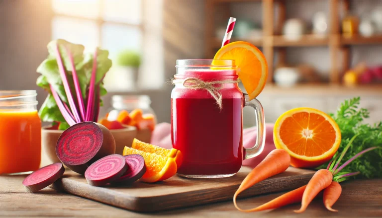 A nutrient-packed detox smoothie made from beets, carrots, and oranges, with a rich red-orange color, served in a glass jar on a wooden countertop, surrounded by fresh ingredients in a bright, airy kitchen setting