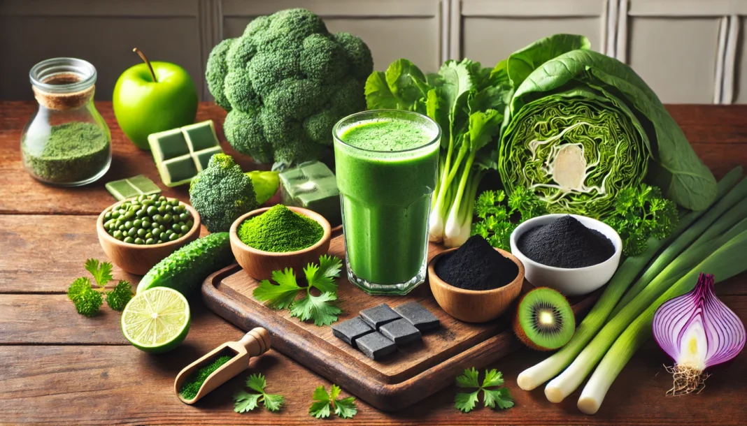 A visually appealing setup of natural detoxification ingredients, featuring fresh green vegetables, detoxifying herbs like cilantro and chlorella, activated charcoal, and a green detox smoothie, all arranged on a wooden table with a clean, fresh ambiance.