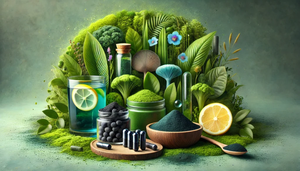 vibrant, nature-inspired detox composition with a bowl of spirulina powder, activated charcoal capsules, and a glass of purified lemon water, surrounded by lush greenery to evoke health, renewal, and detoxification.