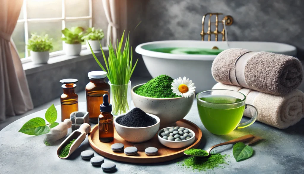 A holistic detox concept for mold exposure, featuring a serene spa-like setting with detoxifying supplements such as chlorella, activated charcoal, and milk thistle arranged alongside a bowl of fresh greens and a detox herbal tea. The scene has a calming natural light effect, symbolizing cleansing and well-being.
