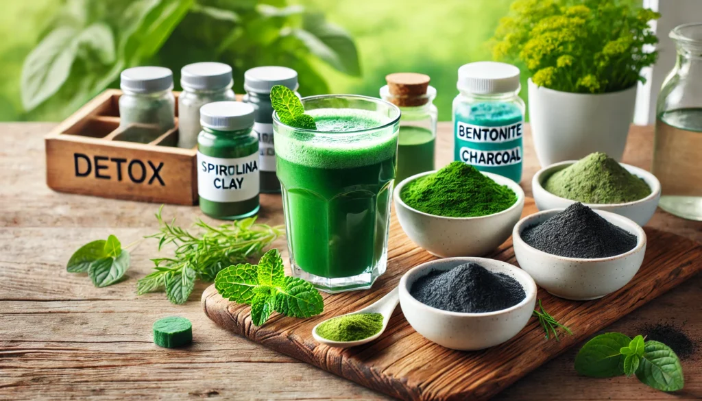 A refreshing mold detox scene featuring a glass of green detox smoothie, a bowl of spirulina powder, and detoxifying supplements like bentonite clay and activated charcoal. The setting includes a natural wooden table with fresh herbs and a bright, clean background, symbolizing purity, health, and wellness