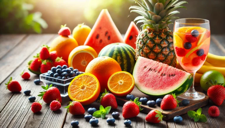 A vibrant assortment of fresh fruits, including oranges, strawberries, blueberries, watermelon, and pineapple, arranged on a wooden table with a glass of fruit-infused water in the background, highlighting freshness and health