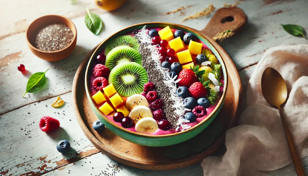 A beautifully arranged smoothie bowl featuring colorful fruits like kiwi, banana, mango, and berries, topped with chia seeds and shredded coconut, set in a bright and fresh environment emphasizing vitality