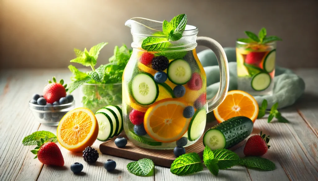 A detoxifying fruit-infused water setup with slices of citrus fruits, cucumber, and berries in a glass pitcher, surrounded by fresh mint leaves, placed on a light wooden surface to highlight hydration and natural cleansing