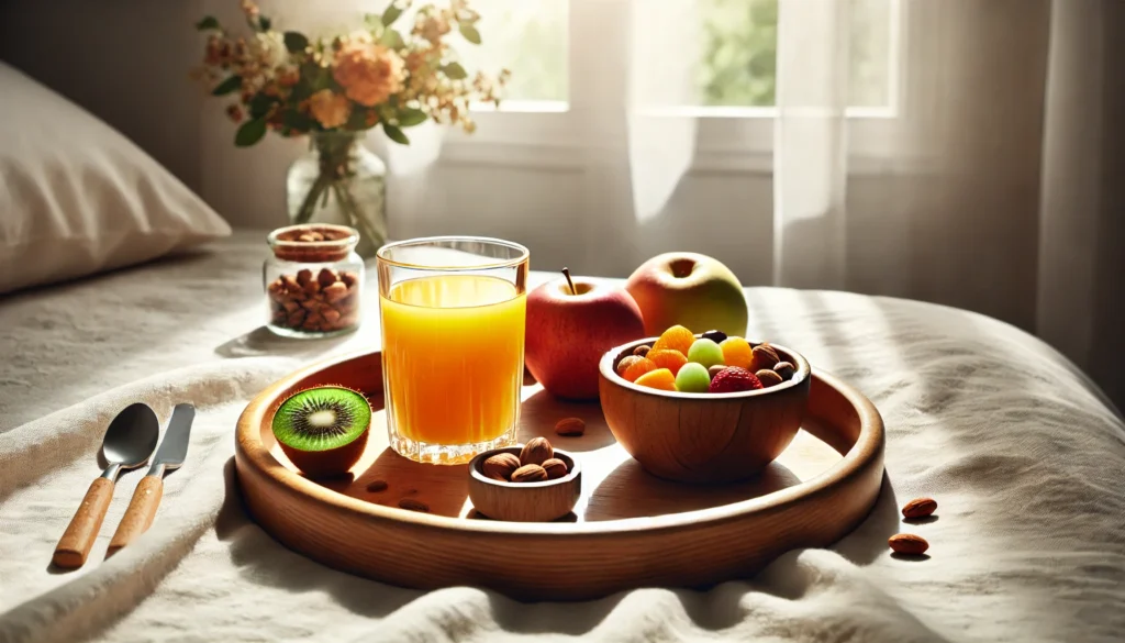 A serene wellness scene featuring a wooden tray with a glass of freshly squeezed orange juice, a bowl of mixed fruits, and a small dish of nuts, set on a white linen tablecloth with sunlight streaming through a window, creating a peaceful and rejuvenating atmosphere