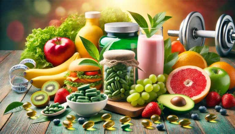 A vibrant composition of green tea leaves, omega-3 capsules, a protein shake, and fresh fruits and vegetables, set against a fitness-themed backdrop.