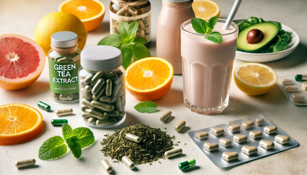 A close-up of natural weight loss supplements, including green tea extract, fat-burning capsules, and a protein shake, arranged with fresh citrus fruits and mint leaves on a clean, minimalistic surface.