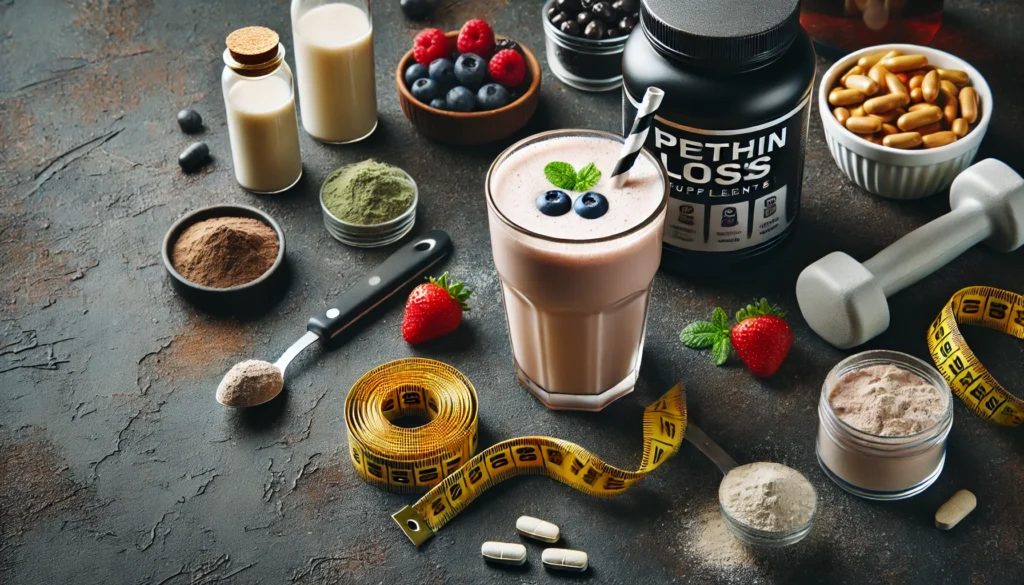 A stylish fitness-themed flat lay featuring a protein shake, weight loss supplements in capsule and powder form, fresh berries, and a measuring tape on a dark textured background