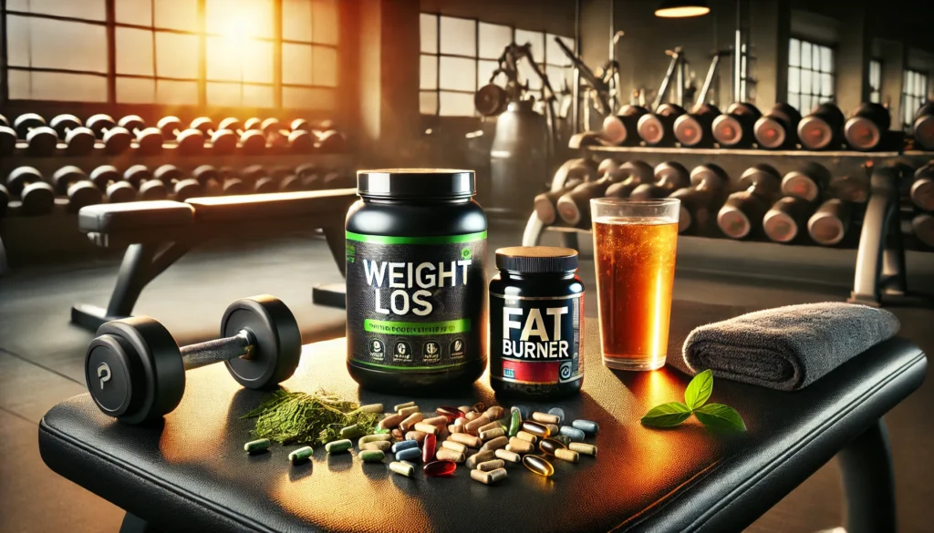 A fitness-inspired scene with a set of weight loss supplements, including protein powder, green tea capsules, and a fat burner, placed on a gym bench with a pair of dumbbells and a water bottle in the background. The lighting emphasizes a healthy and active lifestyle.