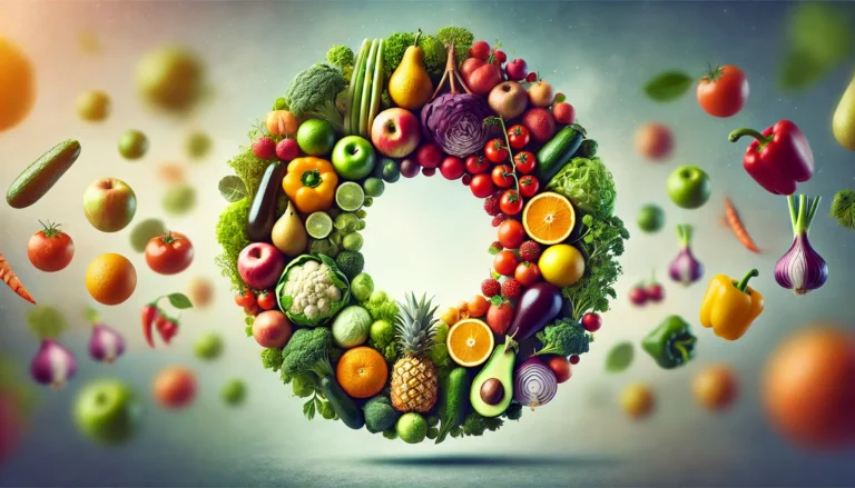 A vibrant circular arrangement of fresh fruits and vegetables, symbolizing balance and wellness. The soft-focus background enhances the sense of detoxification and nutritional vibrancy