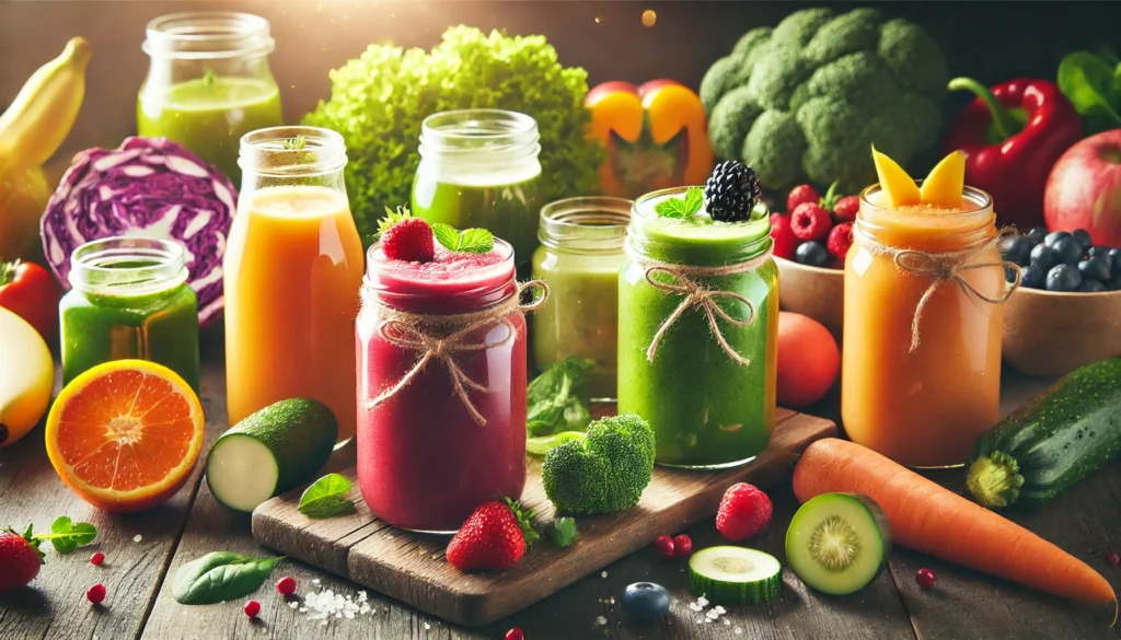 A detox smoothie concept featuring freshly blended fruit and vegetable juices in glass jars, surrounded by colorful produce. The natural lighting highlights health and rejuvenation