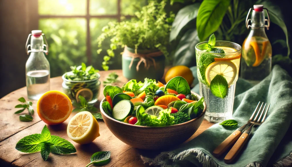 A serene detox scene with a fresh salad bowl containing leafy greens, vegetables, and citrus slices, placed beside a glass of infused detox water with lemon and mint. A softly lit greenery background enhances the wellness theme